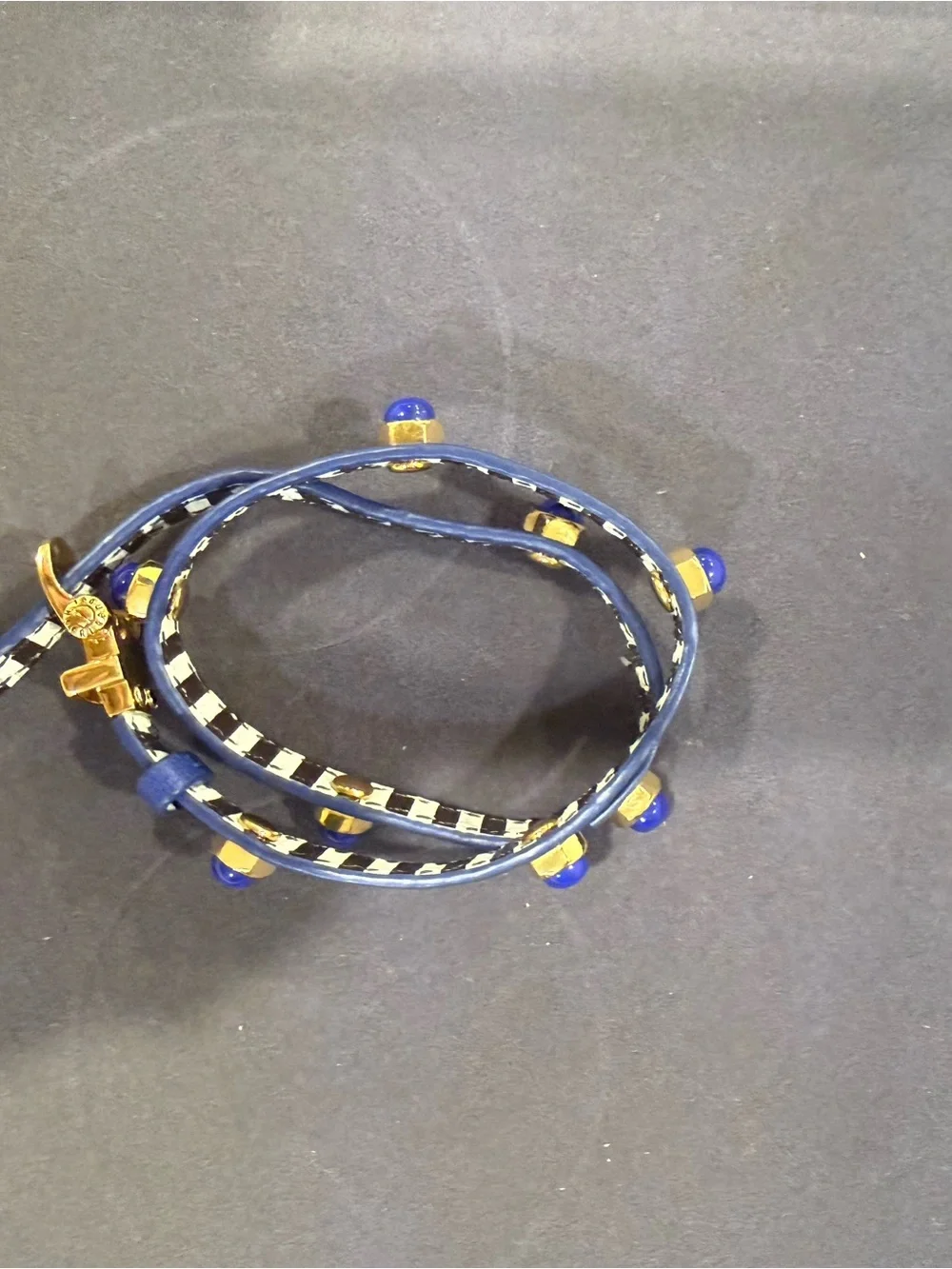 Henri Bendel Cobalt Blue Double Wrap Leather Stud Bracelet Gold Tone